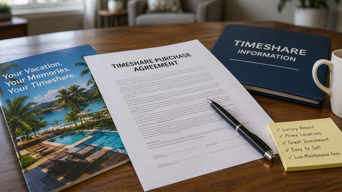 A timeshare purchase agreement and resort brochure on a desk