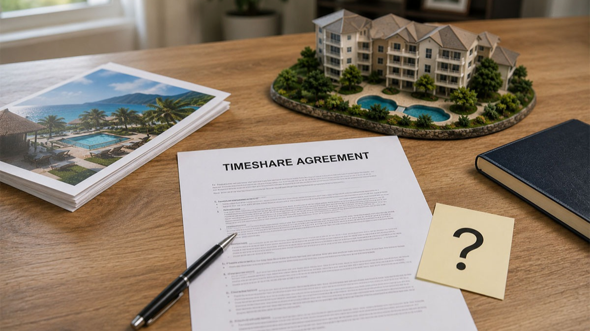 A timeshare agreement and resort model on a desk with a question mark