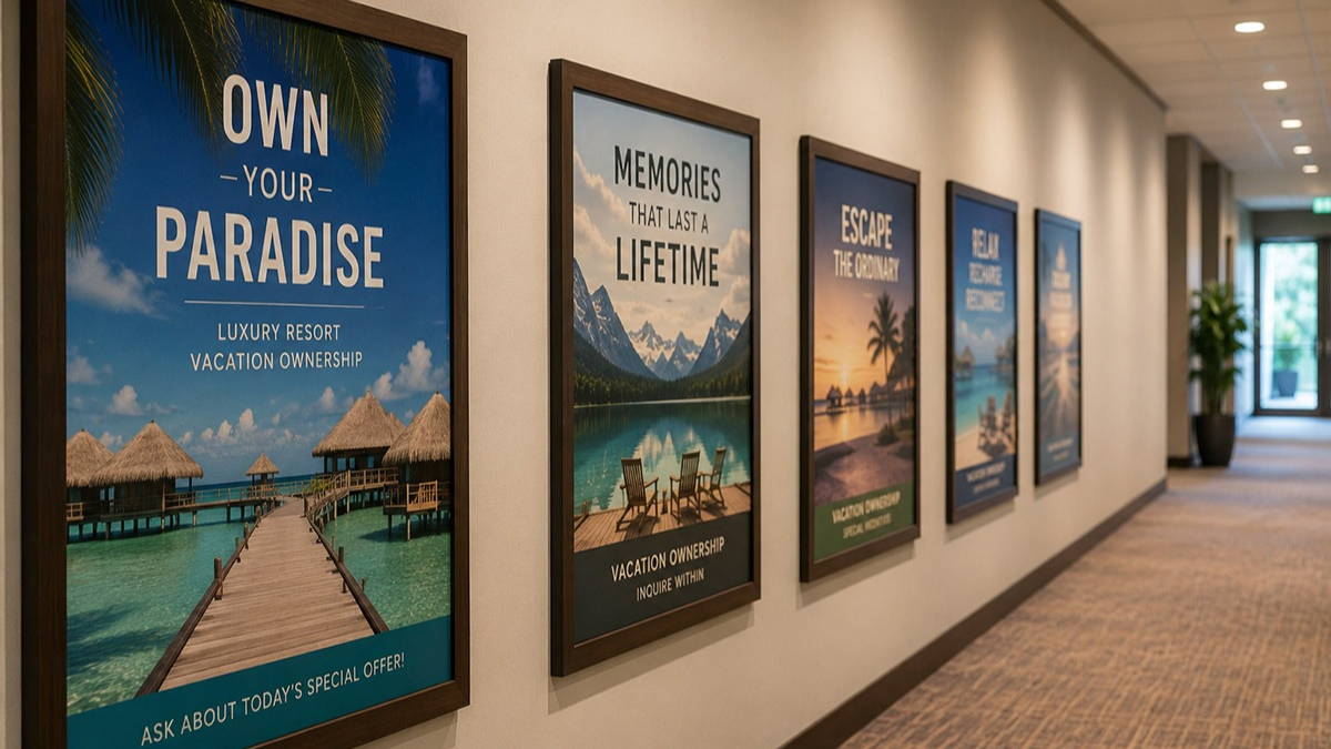 A hallway of glossy resort vacation-ownership sales posters