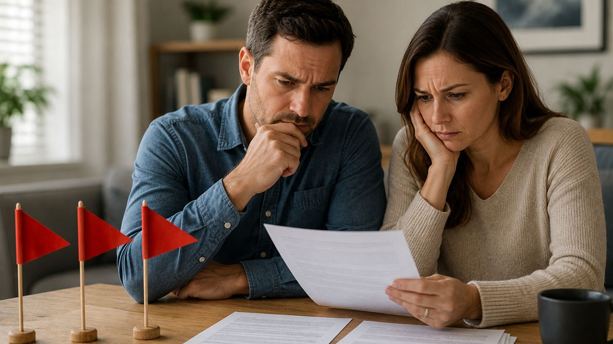 A concerned couple reviewing documents beside red warning flags